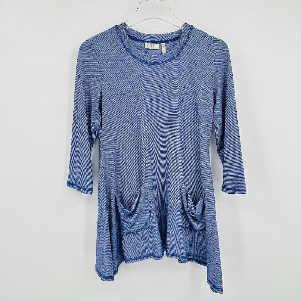 LOGO Lori Goldstein Size XS Blue Space Dye Striped 3/4 Sleeve Pocket Tunic Top